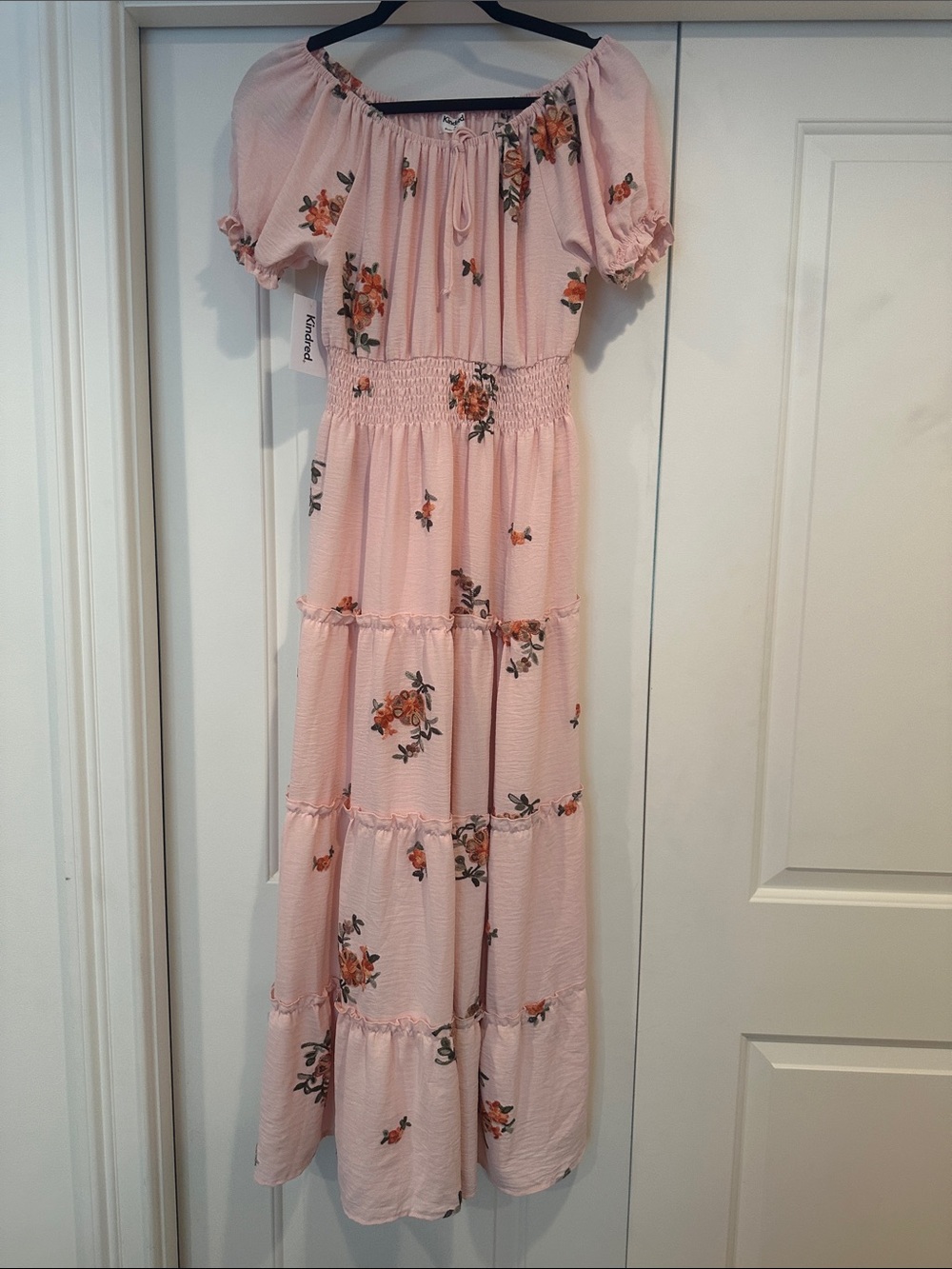Smocked Waist Pink Floral Maxi Dress with Puff Sleeves